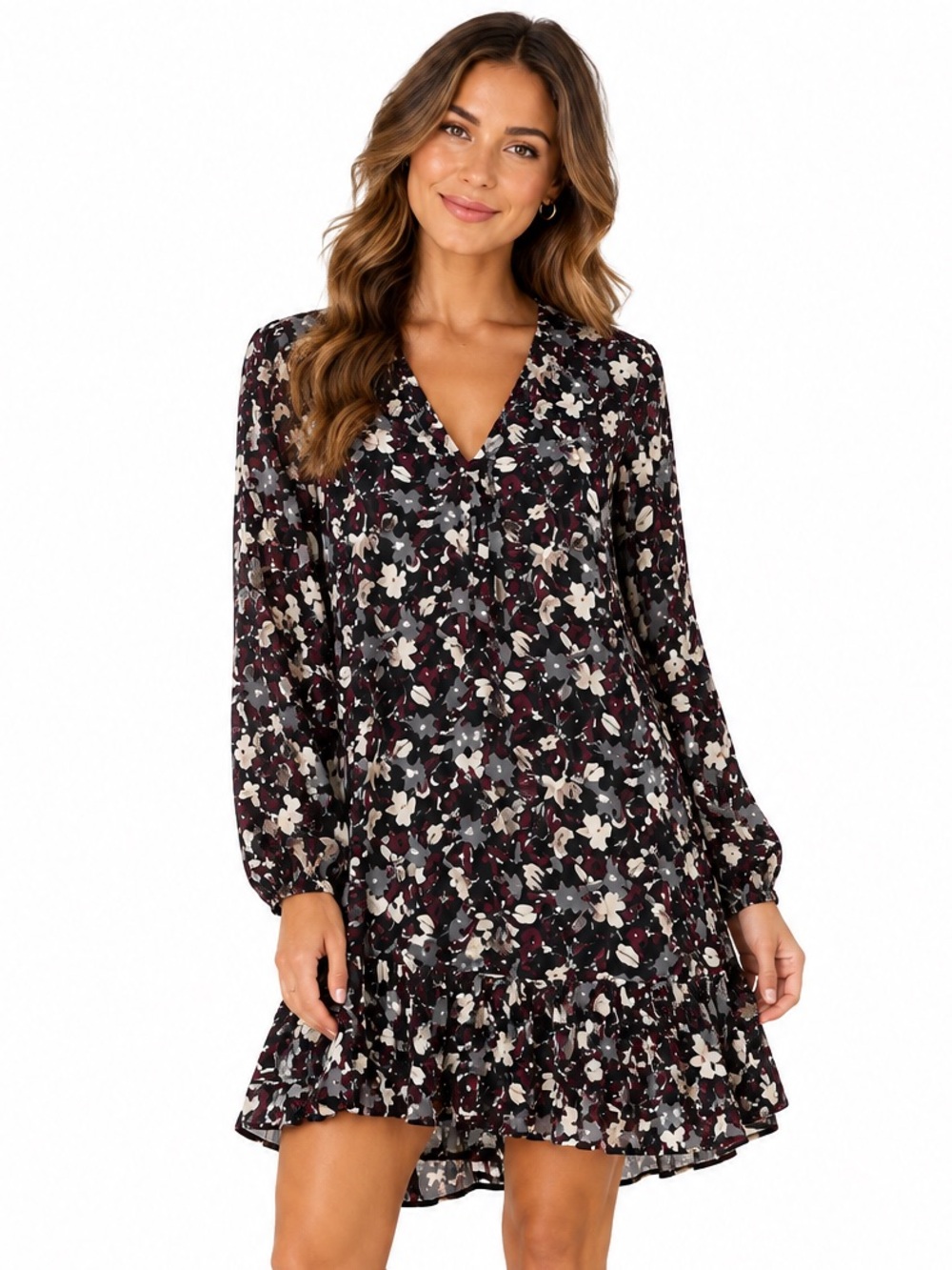 Veronica Beard Black, Cream & Burgundy Floral Long-Sleeve Dress